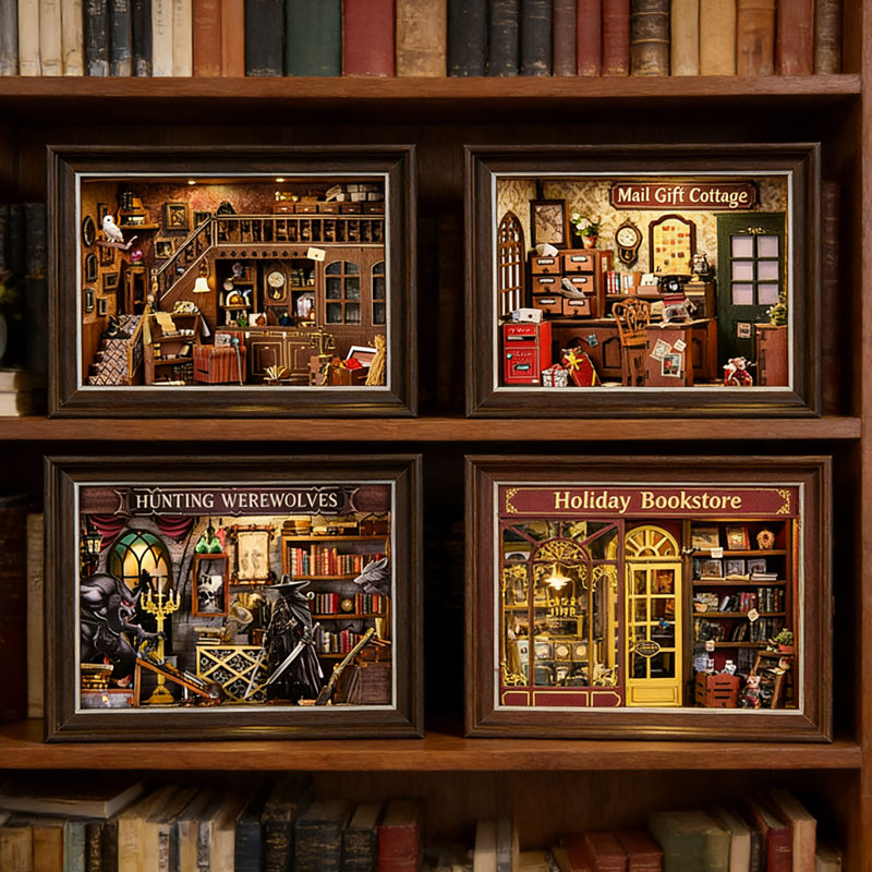 Engraved Wood Frame - ชุดทำเอง DIY 3D บ้านไม้จิ๋วพร้อมไฟ LED ตกแต่งชั้นวางหนังสือ