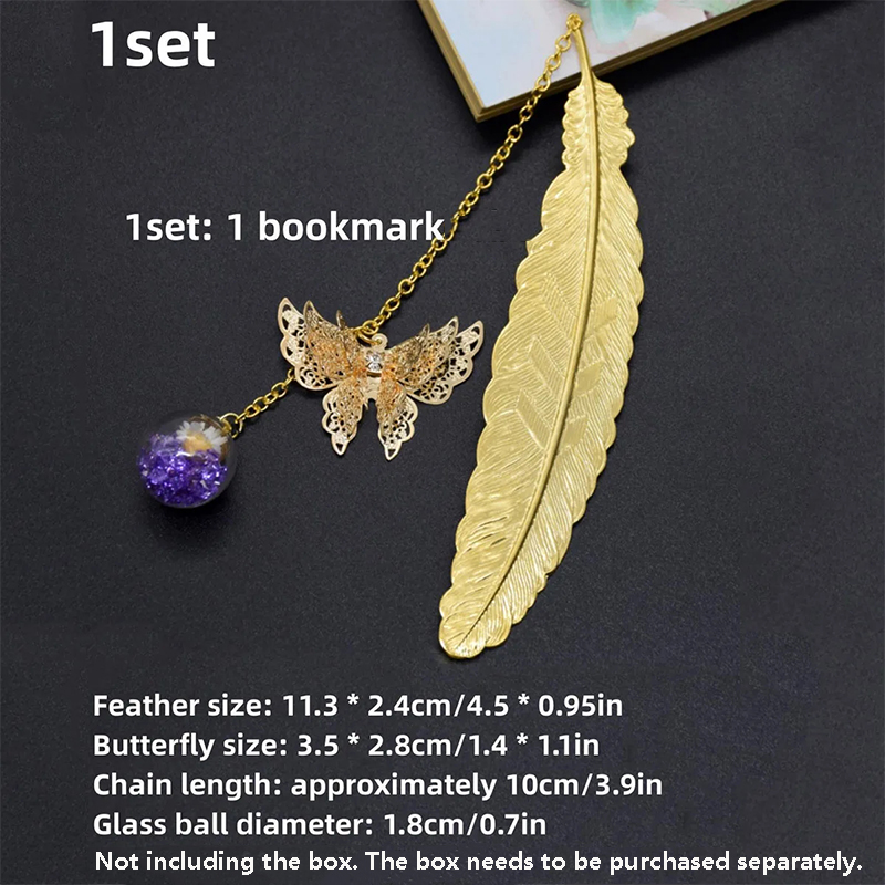 Dried Flower Bookmark - ที่คั่นหนังสือโลหะลายขนนกสไตล์จีน 1 ชิ้น ดีไซน์สร้างสรรค์ ดอกไม้แห้ง ผีเสื้อ