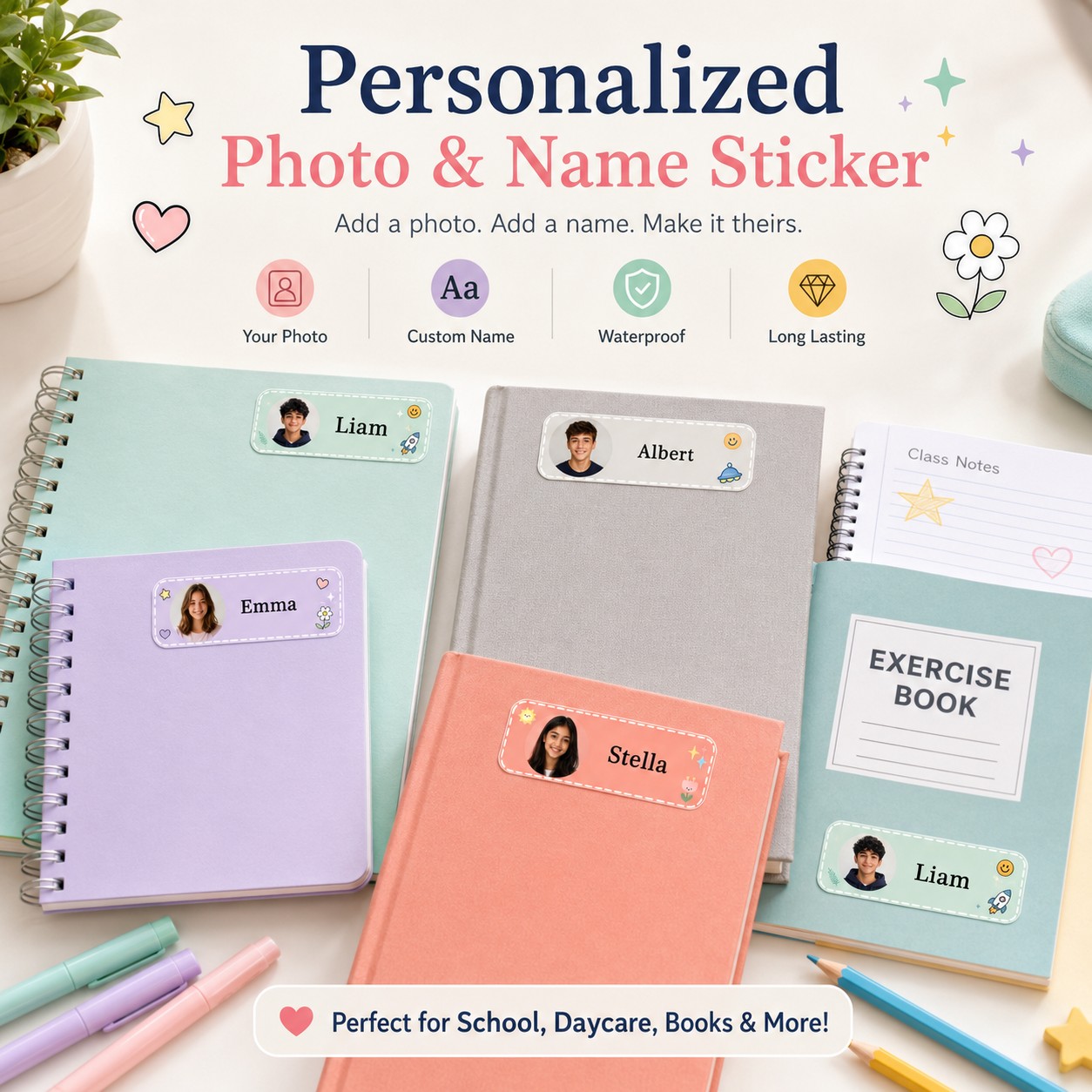Custom Photo Book - สติกเกอร์ชื่อคลาสแบบกำหนดเอง, ป้ายชื่อนักเรียนแบบส่วนตัว, เหมาะสำหรับหนังสือ, สมุดบันทึก, กล่องดินสอ, ขวดน้ำ,